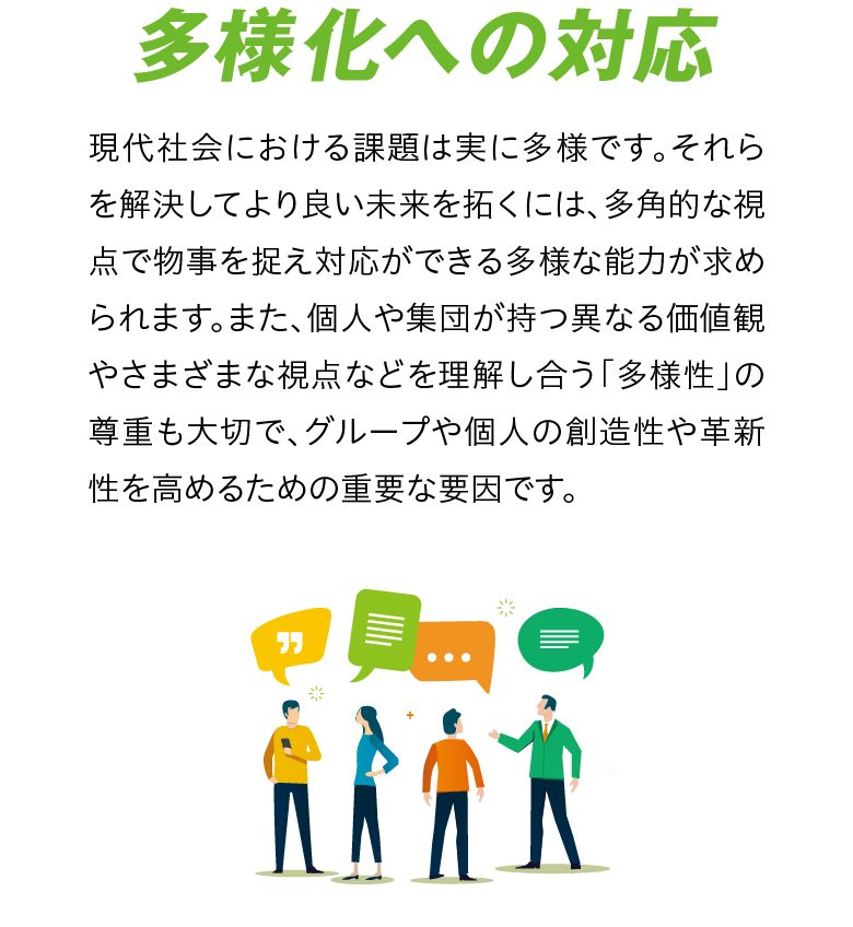 【多様化への対応】現代社会における課題は実に多様です。それらを解決してより良い未来を拓くには、多角的な視点で物事を捉え対応ができる多様な能力が求められます。また、個人や集団が持つ異なる価値観やさまざまな視点などを理解し合う「多様性」の尊重も大切で、グループや個人の創造性や革新性を高めるための重要な要因です。
