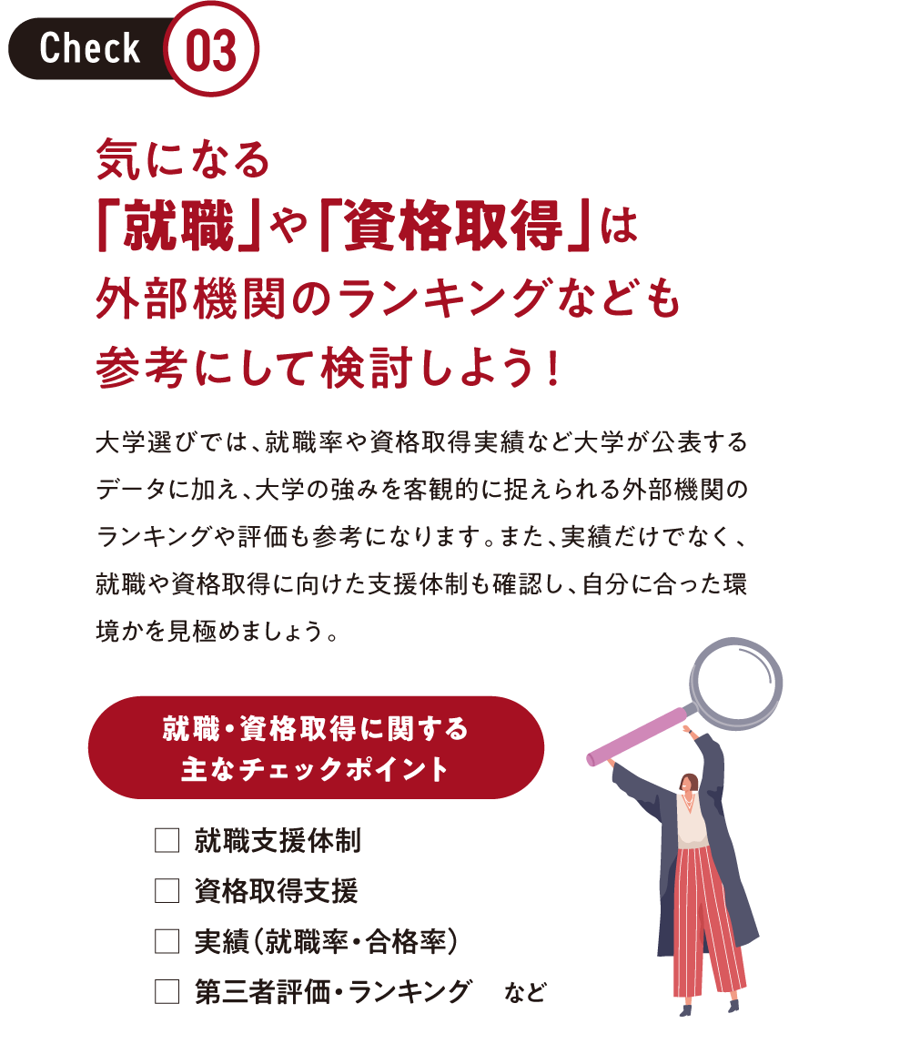 【Check03】気になる「就職」や「資格取得」は外部機関のランキングなども参考にして検討しよう！｜大学選びでは、就職率や資格取得実績など大学が公表するデータに加え、大学の強みを客観的に捉えられる外部機関のランキングや評価も参考になります。また、実績だけでなく、就職や資格取得に向けた支援体制も確認し、自分に合った環境かを見極めましょう。